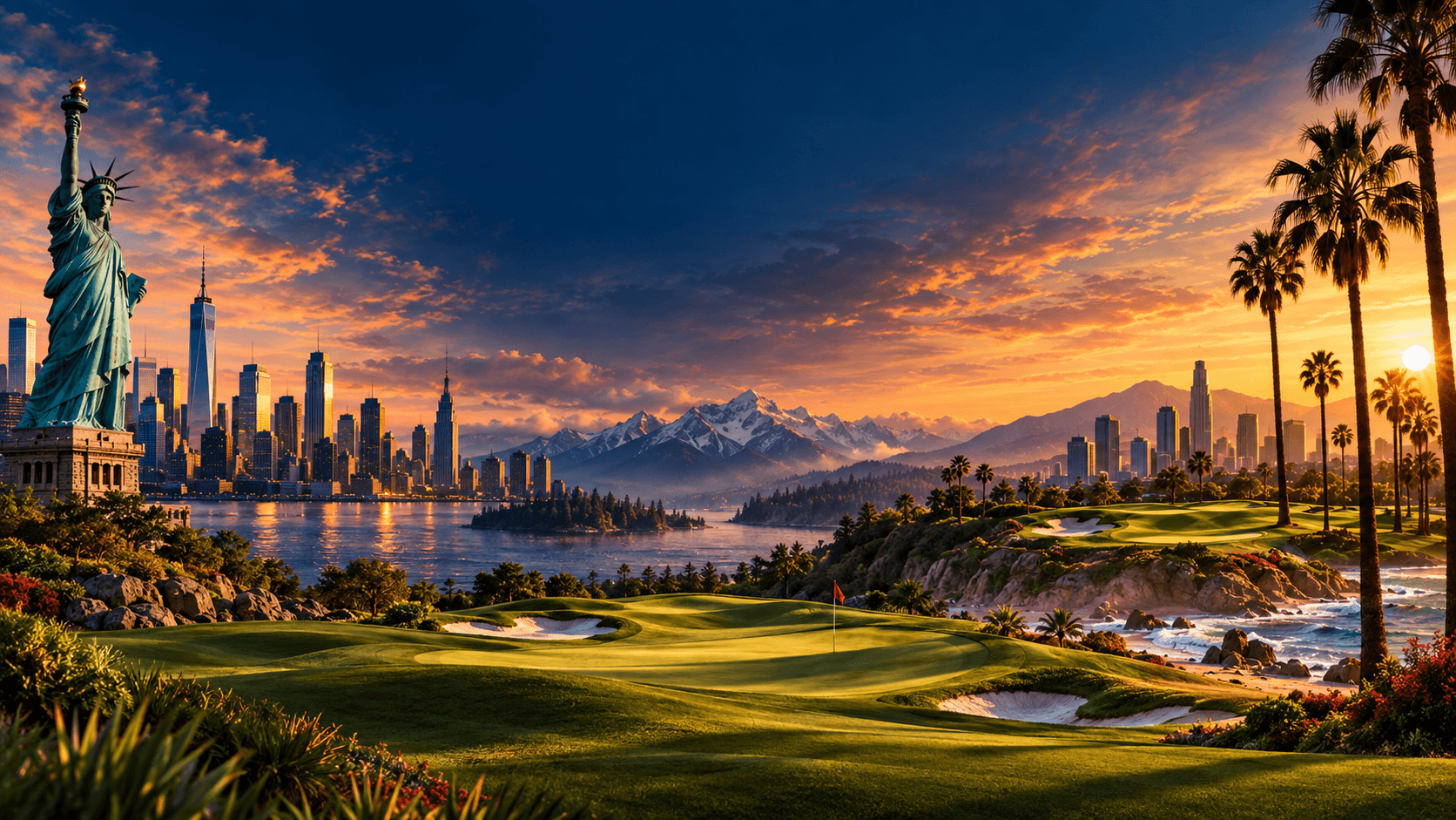 American city skylines, Canadian mountains and a coastal golf course at sunset