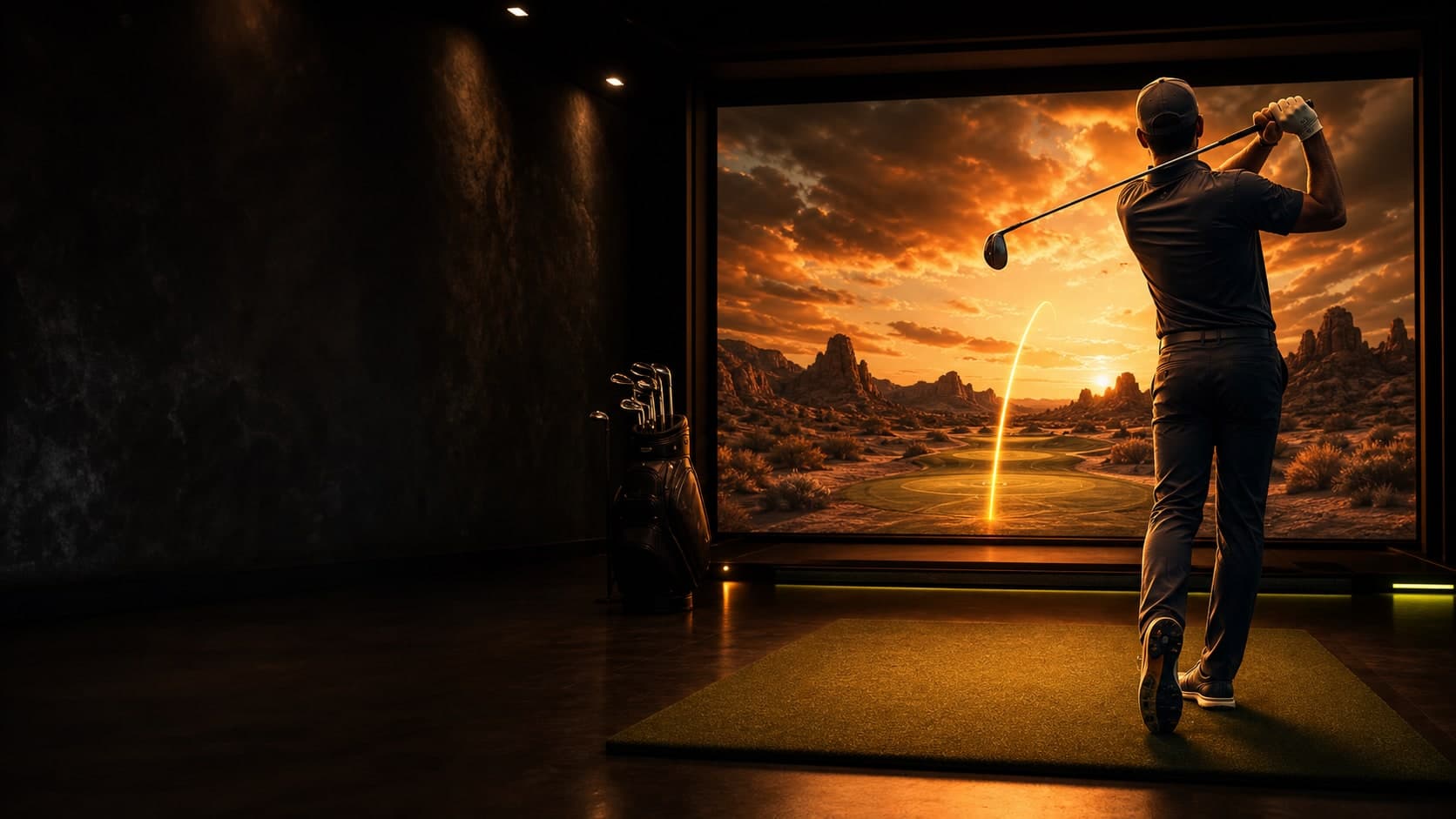 A golfer driving into a dramatic desert course on a Tee Lounge simulator